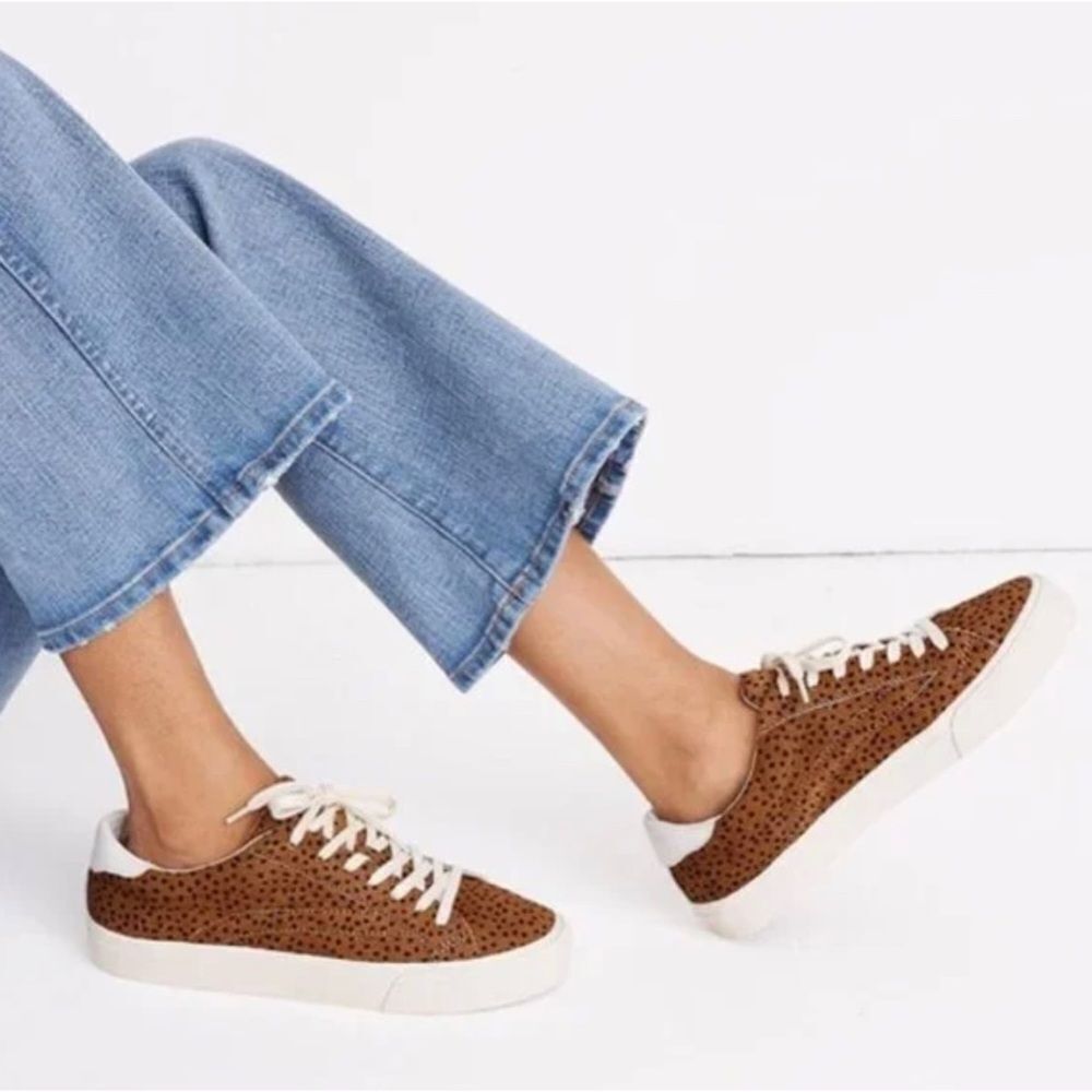Madewell Sidewalk Low Top Spot Calf Hair Lace Up Sneakers Brwn Blck Sz W 7/M 5.5